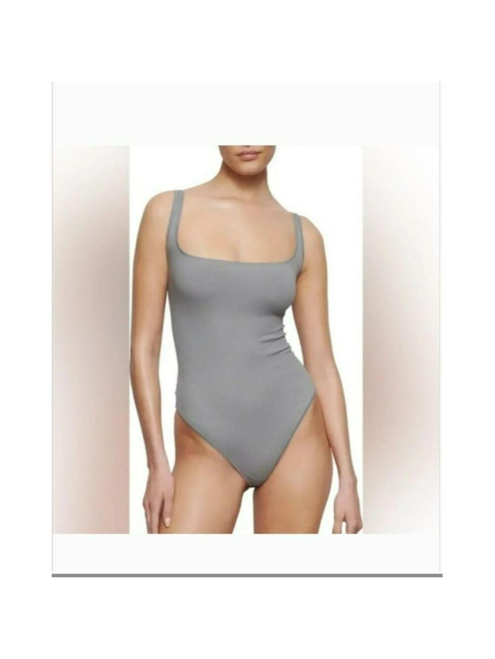 BNWT SKIMS Ribbed Cotton Rib Pacific AKA Grey Thong Bodysuit, Size Large